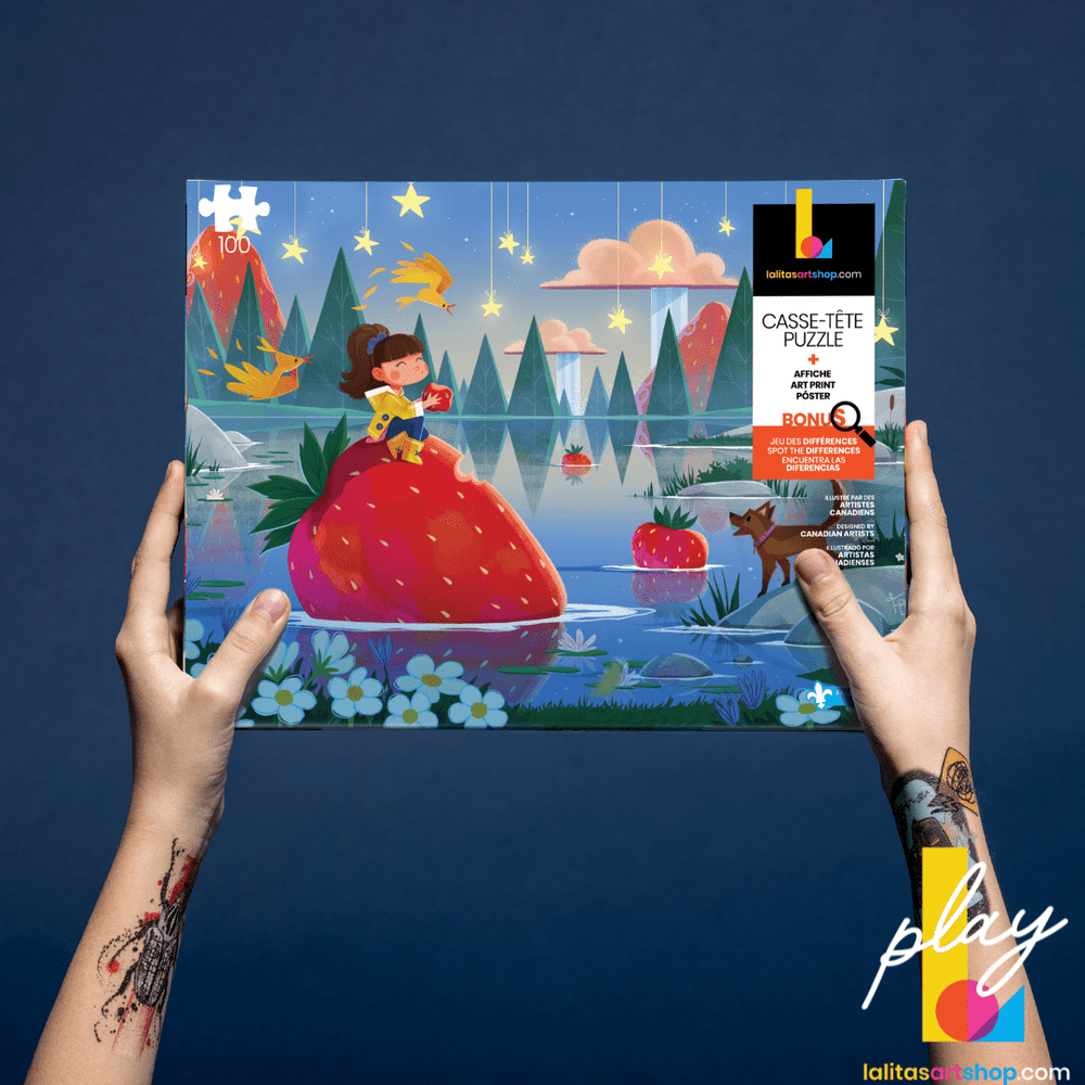 Hands holding the box of the Strawberry Mist 100-piece puzzle, showcasing the artwork and 'bonus' game details.