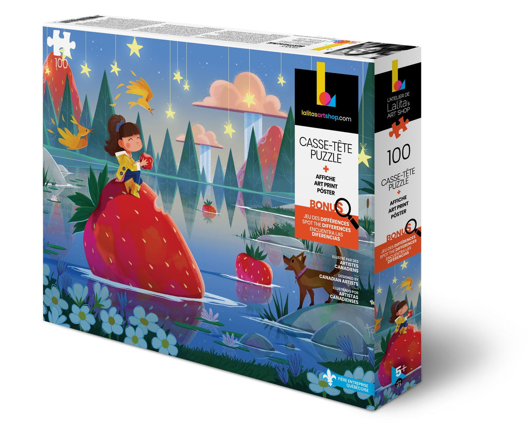 Box of the 100-piece Strawberry Mist jigsaw puzzle featuring a girl on a giant strawberry in a whimsical landscape.