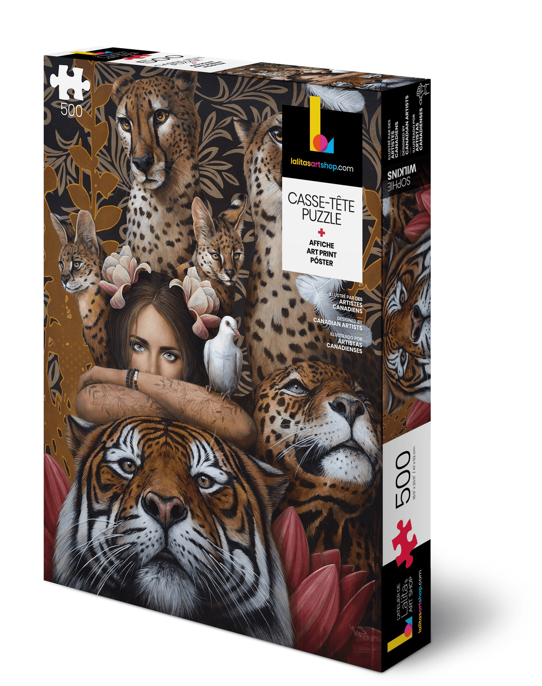 Product shot of the 500-piece Félins jigsaw puzzle box featuring cheetahs, leopards, tigers, and a woman against a dark floral background.