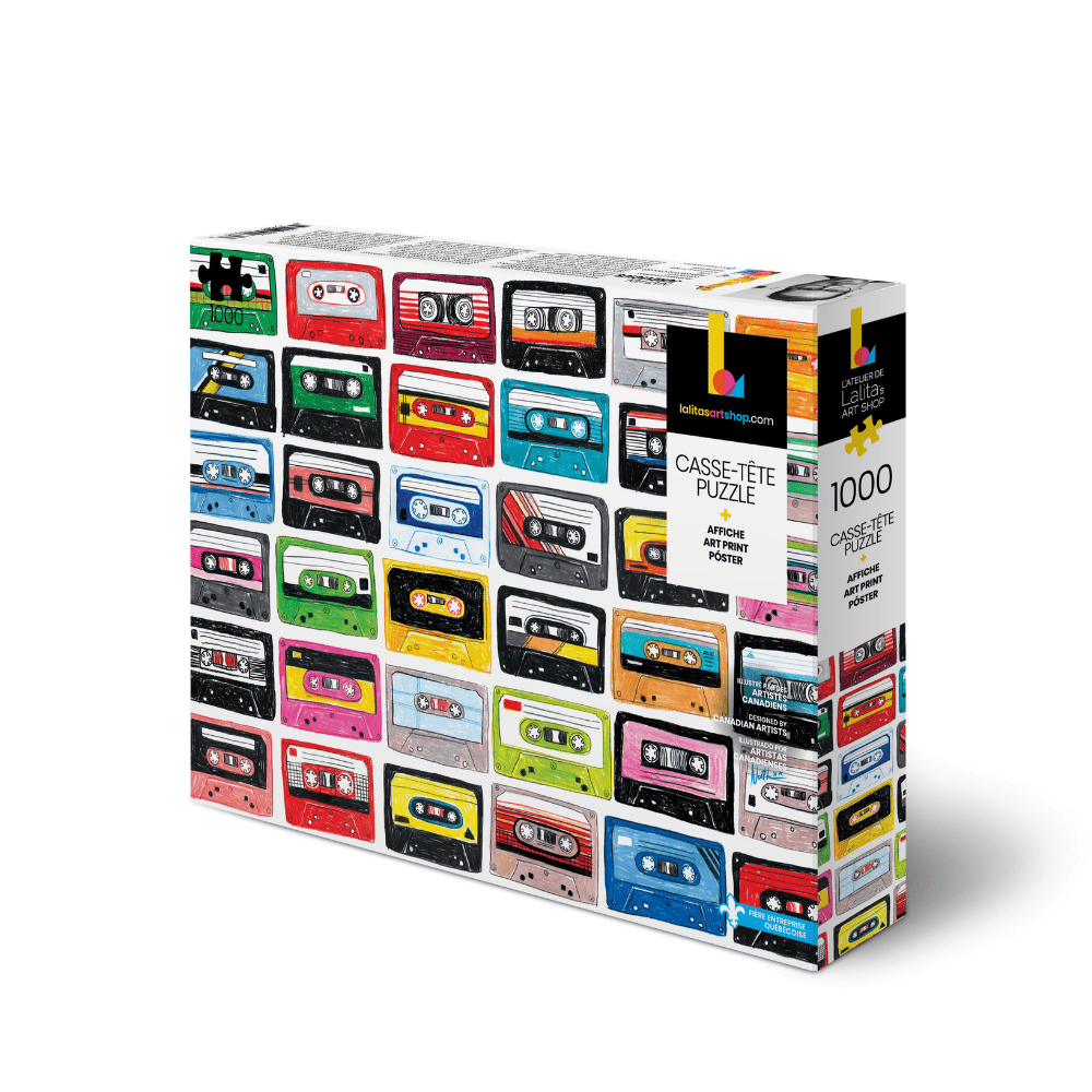 Boîte du casse-tête de 1000 pièces présentant un collage coloré de cassettes.