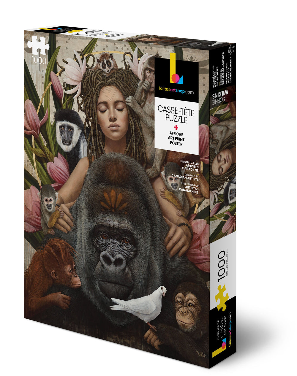 The 'Primates' 1000-piece jigsaw puzzle box displayed from an angle, showcasing the vibrant artwork and product details.