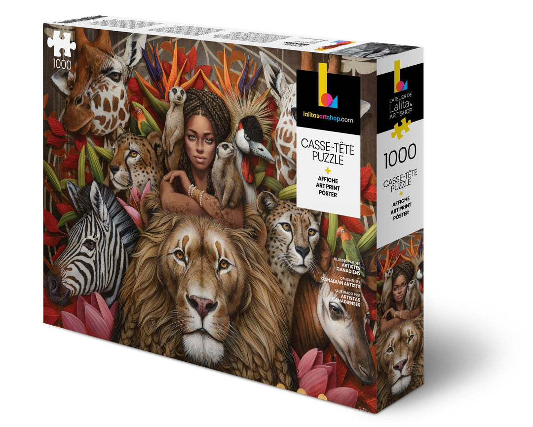 Box of 1000 piece jigsaw puzzle featuring a vibrant safari scene with a lion, giraffe, zebra, cheetah, and a woman surrounded by exotic flowers.
