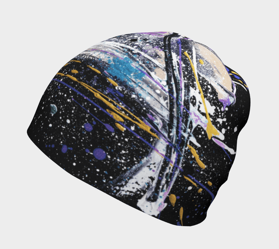 Close-up of the Abracadabra Beanie, highlighting its abstract artistic print with black, white, and purple hues.