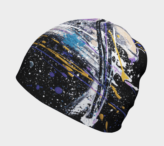 Close-up of the Abracadabra Beanie, highlighting its abstract artistic print with black, white, and purple hues.