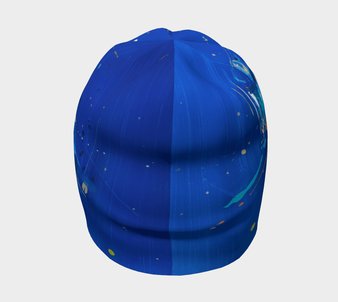 Front view of the abstract blue beanie, split down the middle to show the abstract pattern&