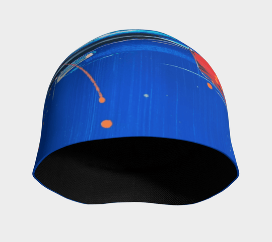 Interior view of the abstract blue beanie, revealing its black bamboo lining.