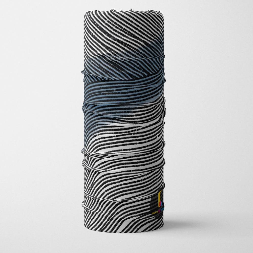 A rolled-up multifunctional tube with abstract black and white wavy lines, showing the Lalita&