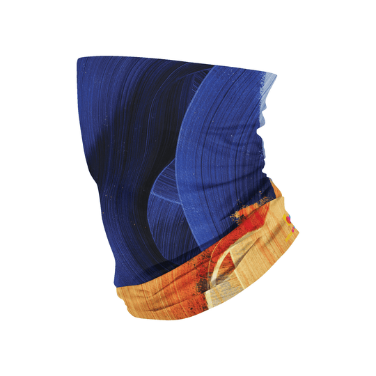 A blue and yellow abstract art print on a multifunctional neck tube, shown against a white background.