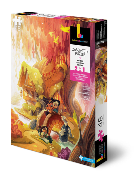 Box of the "Afternoon Play" 48-piece jigsaw puzzle, showing a whimsical forest scene with characters.