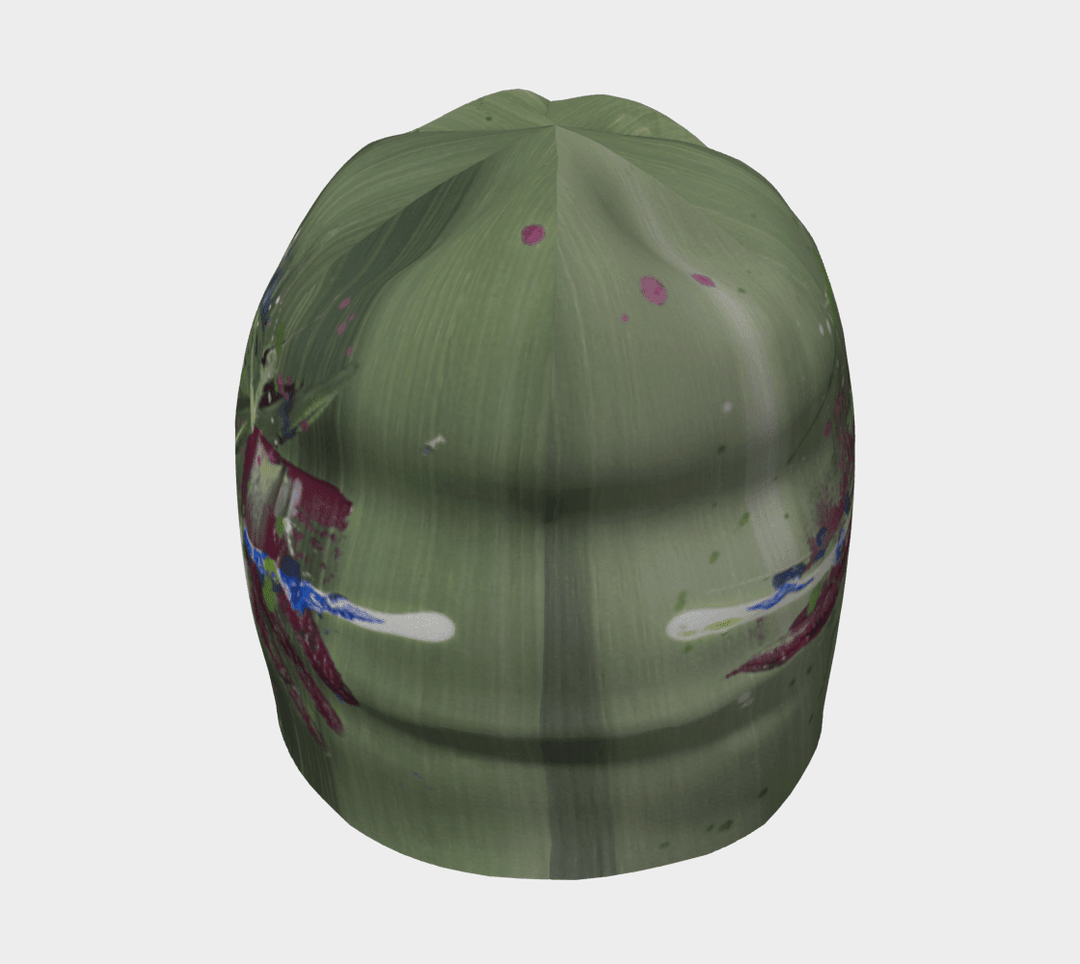 Green abstract art beanie shown from the front against a white background.