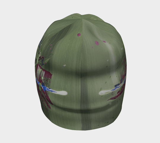 Green abstract art beanie shown from the front against a white background.