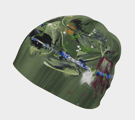 Green abstract art beanie from a different angle against a white background.