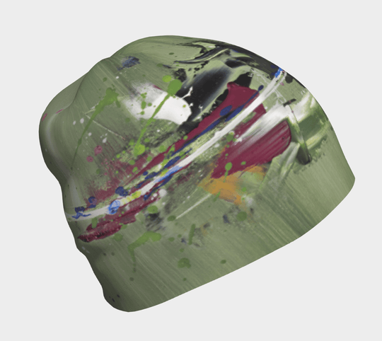 Green abstract art beanie shown from the side against a white background.