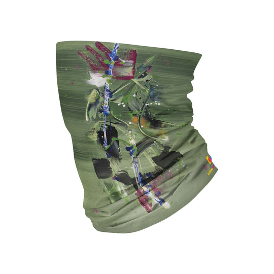 Amazonia Multifunctional Tube laid flat, showing bold abstract brushwork in sage green, crimson, cobalt, and black on recycled polyester fabric