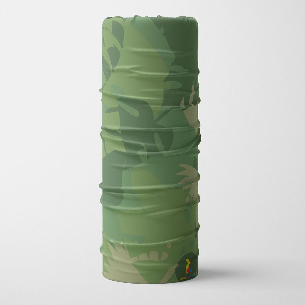 Close-up of a green and brown camouflage pattern multifunctional neck tube on a white background.