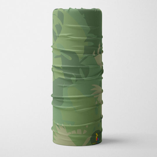 Close-up of a green and brown camouflage pattern multifunctional neck tube on a white background.