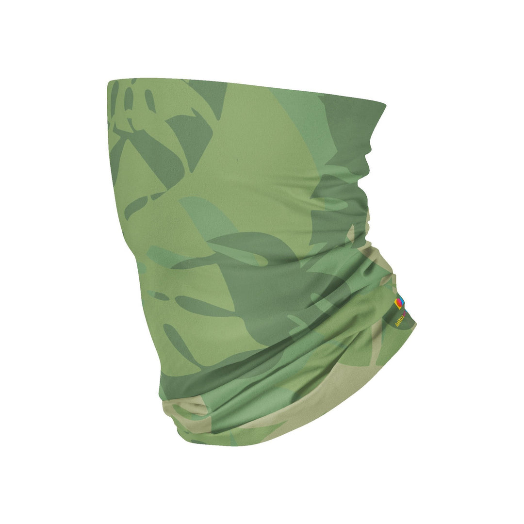 Green and brown camouflage pattern multifunctional neck tube against a white background.
