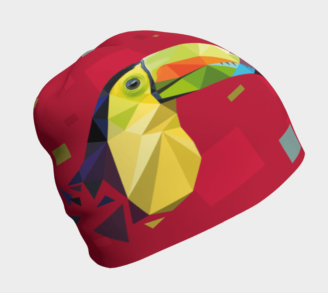 Red beanie with a geometric toucan illustration on the side, shown from a side-front angle.