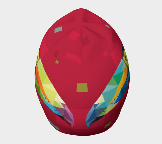 Red beanie with a geometric toucan design, viewed from directly above.