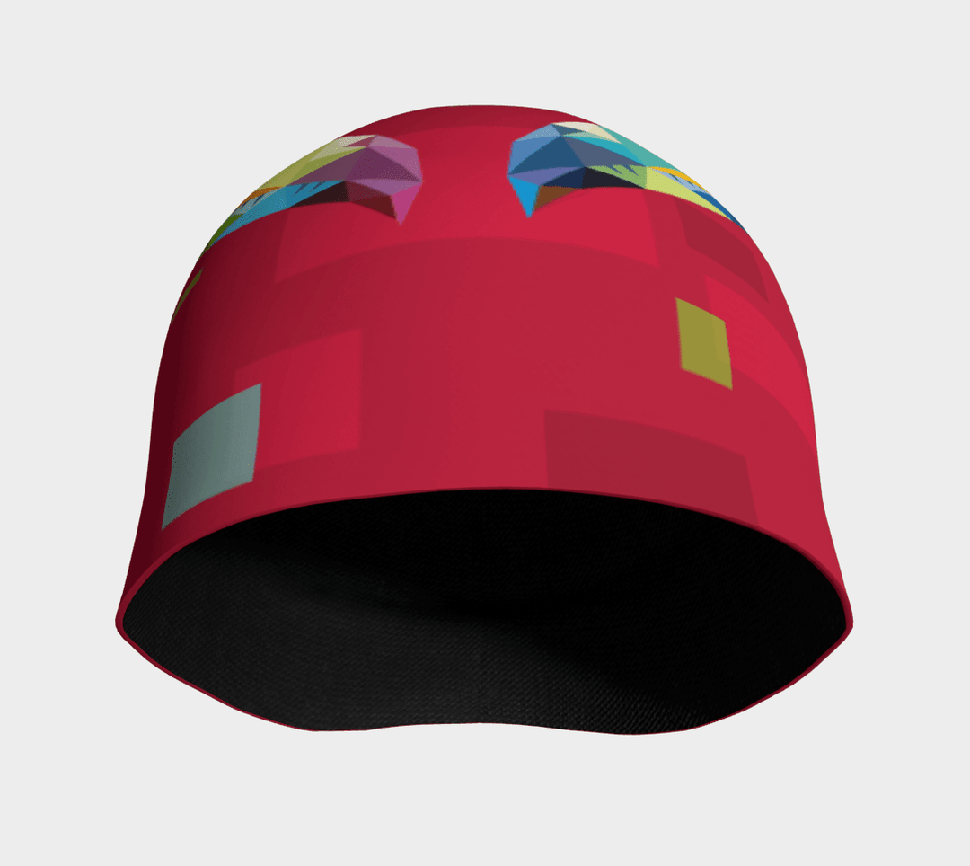 Interior view of a red beanie, showing the black bamboo lining and the opening.