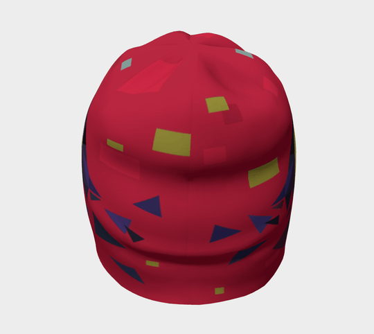 Red beanie with a geometric toucan design, shown from a top-down rear angle.