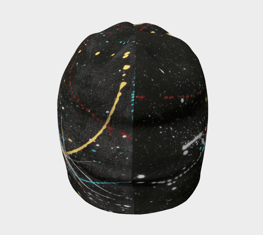 Back view of the black beanie displaying a repeating pattern of abstract paint splatters.