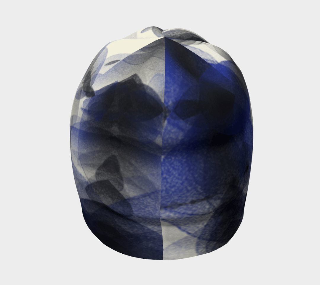 Vue de dessus de la tuque Motifs Plumes Bleues, présentant le design abstrait symétrique.