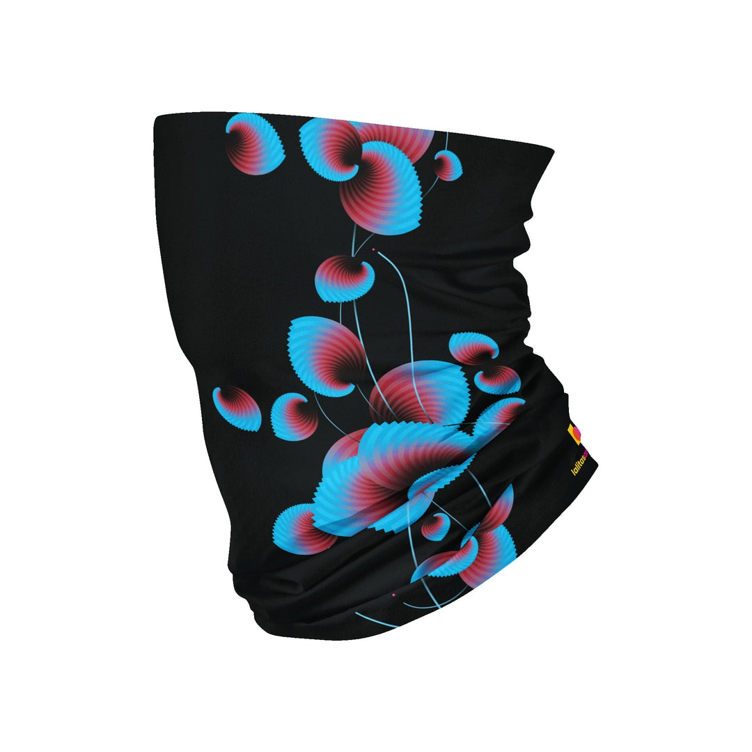 Black multifunctional tube with a graphic blue and pink floral design.