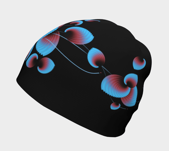 Close-up of the black beanie with blue and red floral pattern