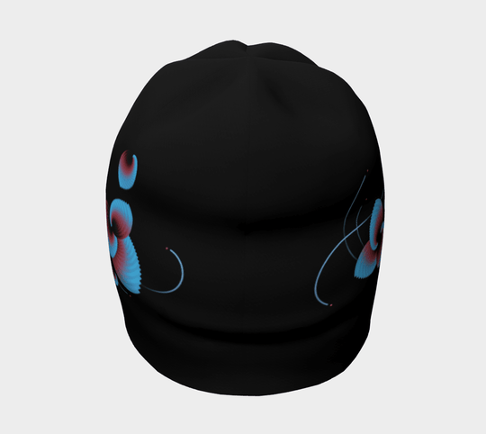 Black beanie with blue and red floral pattern, viewed from the front