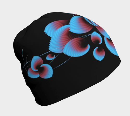 Black beanie with a blue and red floral design on a white background