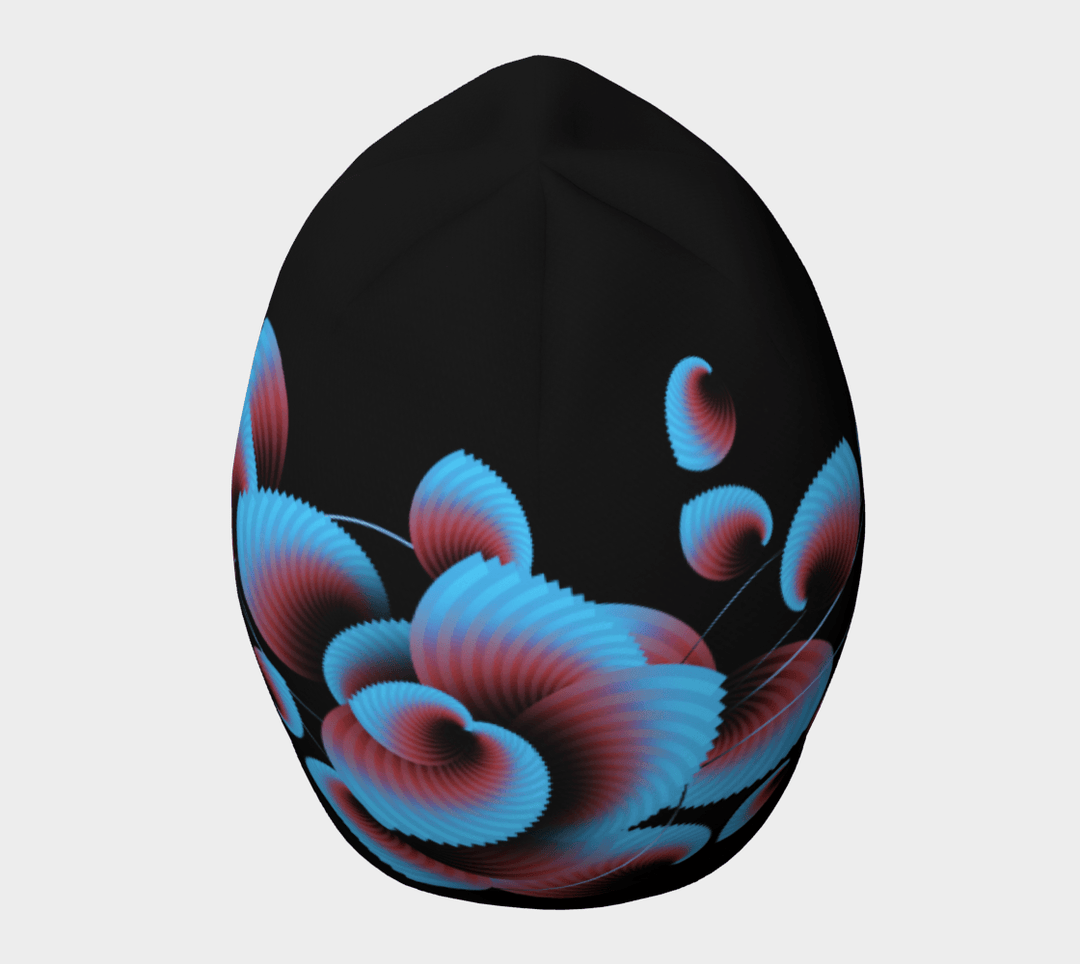 Black beanie with blue and red floral design wrapping around the crown