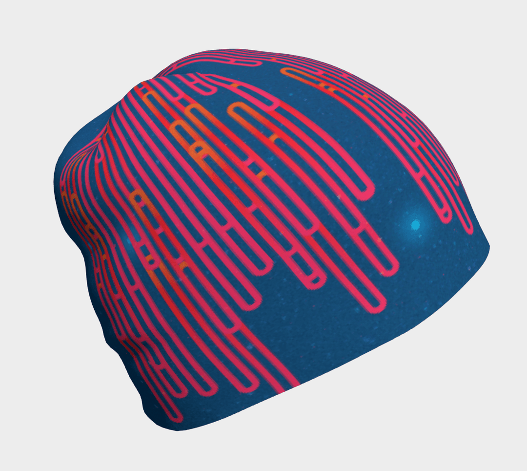 Blue beanie with a pink and orange looping pattern shown from the side.