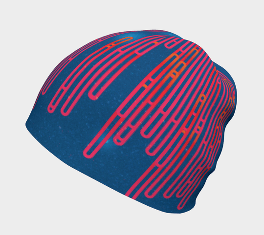 Close-up of a blue beanie featuring a vibrant pink and orange linear pattern.