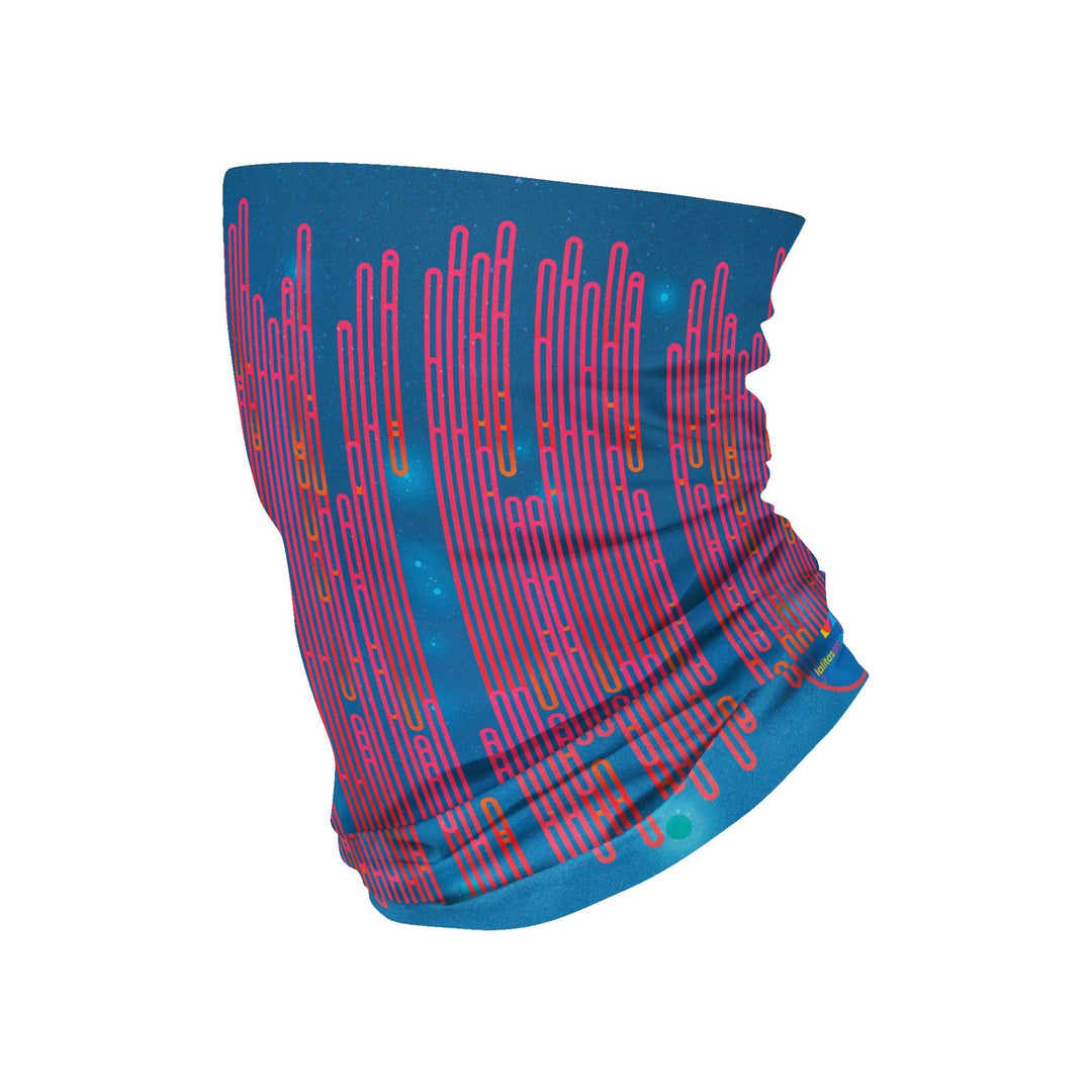 Blue Loops multifunctional tube with abstract red and pink lines on a blue background, shown flat.