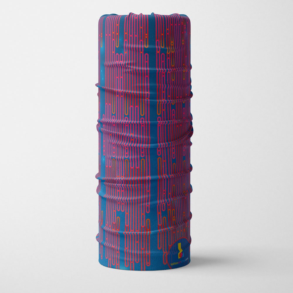 Un tube multifonctionnel Blue Loops posé à la verticale, dévoilant le motif répétitif de lignes abstraites.