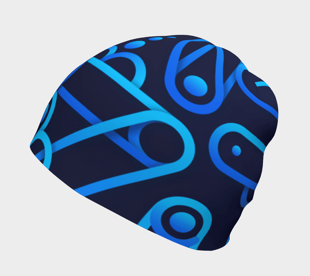 Back view of a dark blue beanie with a repeating abstract geometric pattern in bright blues.
