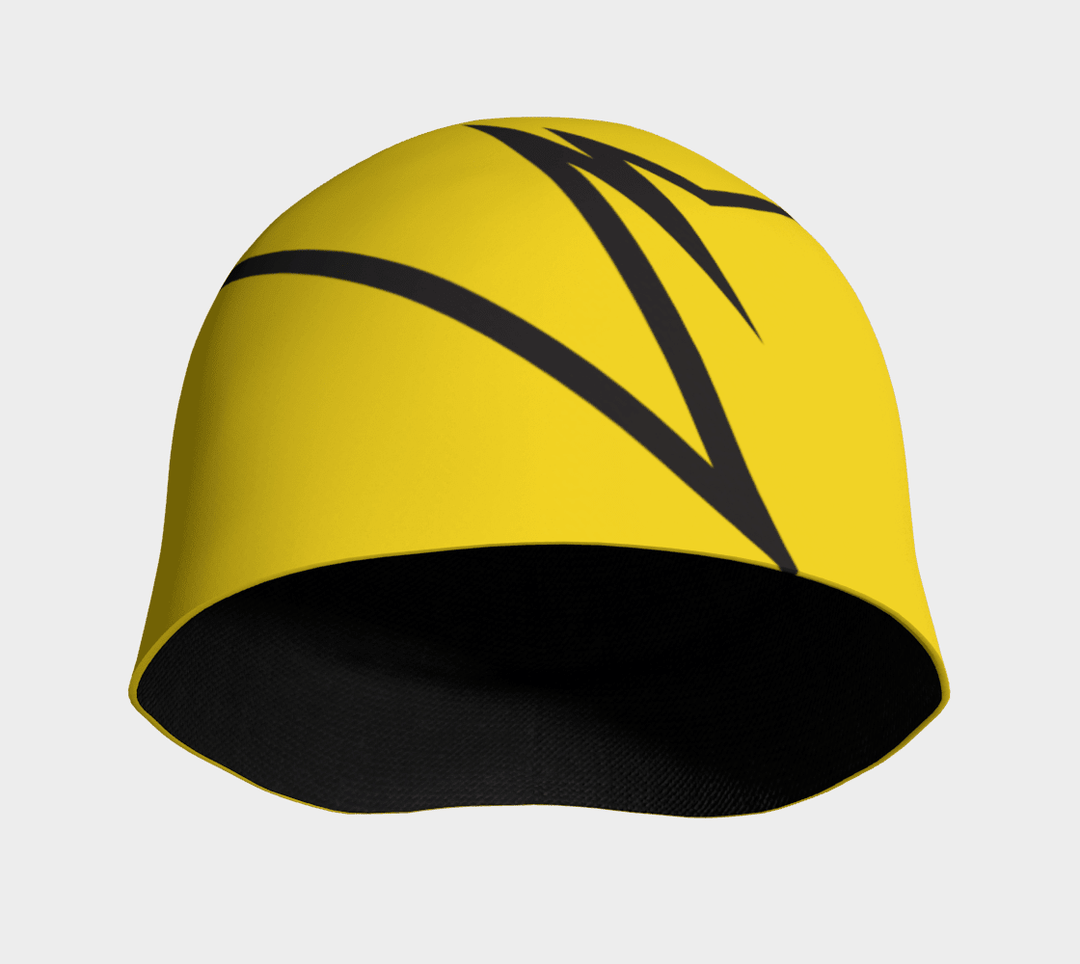 Interior view of a yellow beanie with a black broken line pattern, showing the black bamboo lining.