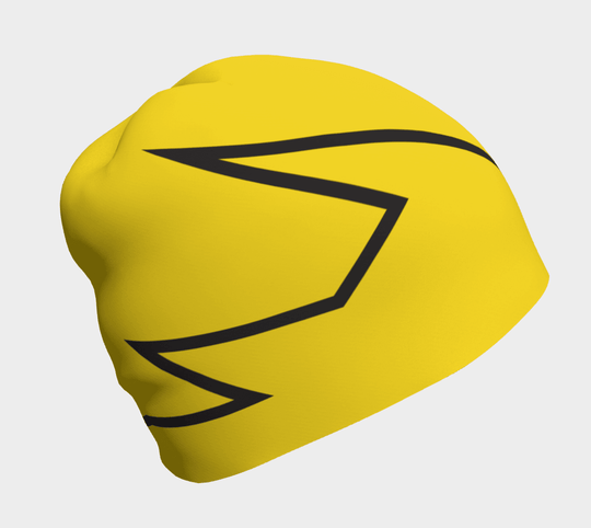 Yellow beanie with a black broken line pattern shown on a plain background.