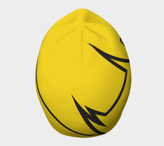 Back view of a yellow beanie with a black broken line pattern, showcasing its seamless construction.