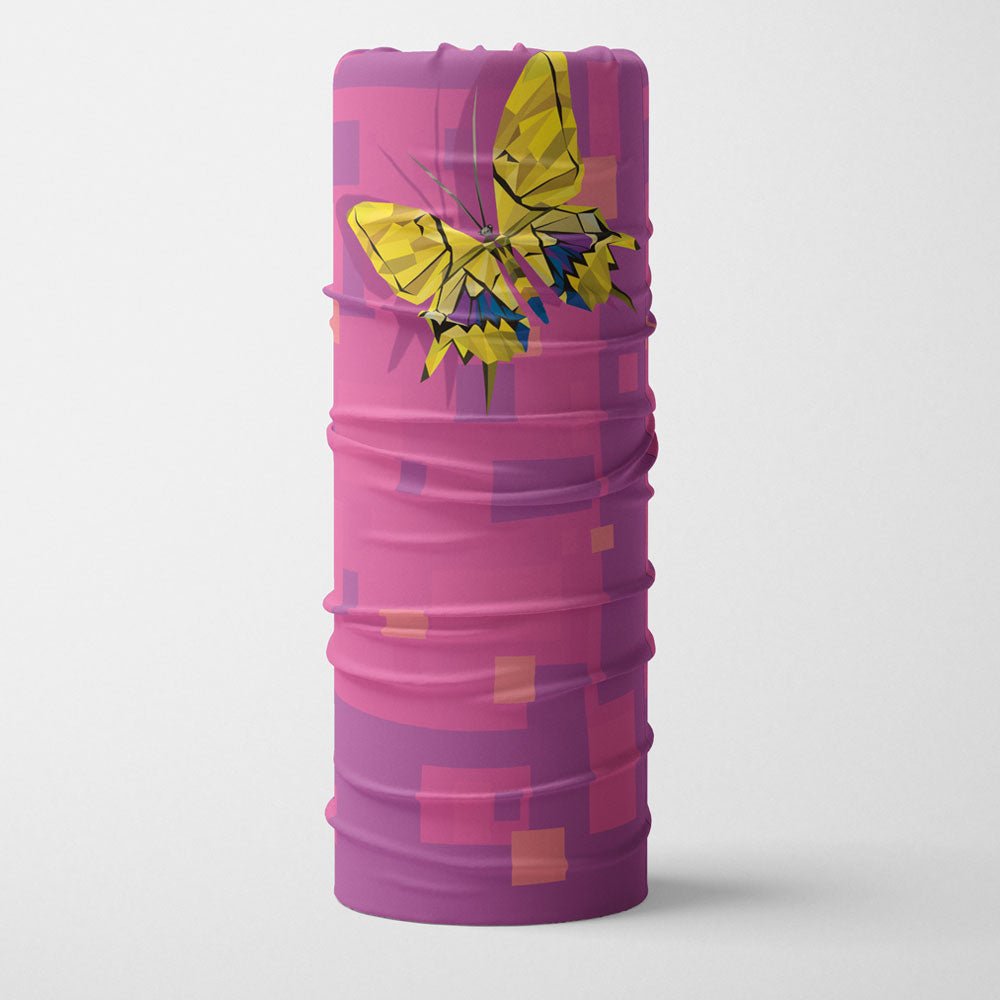 A pink and purple multifunctional tube with a geometric yellow butterfly design, shown standing upright.