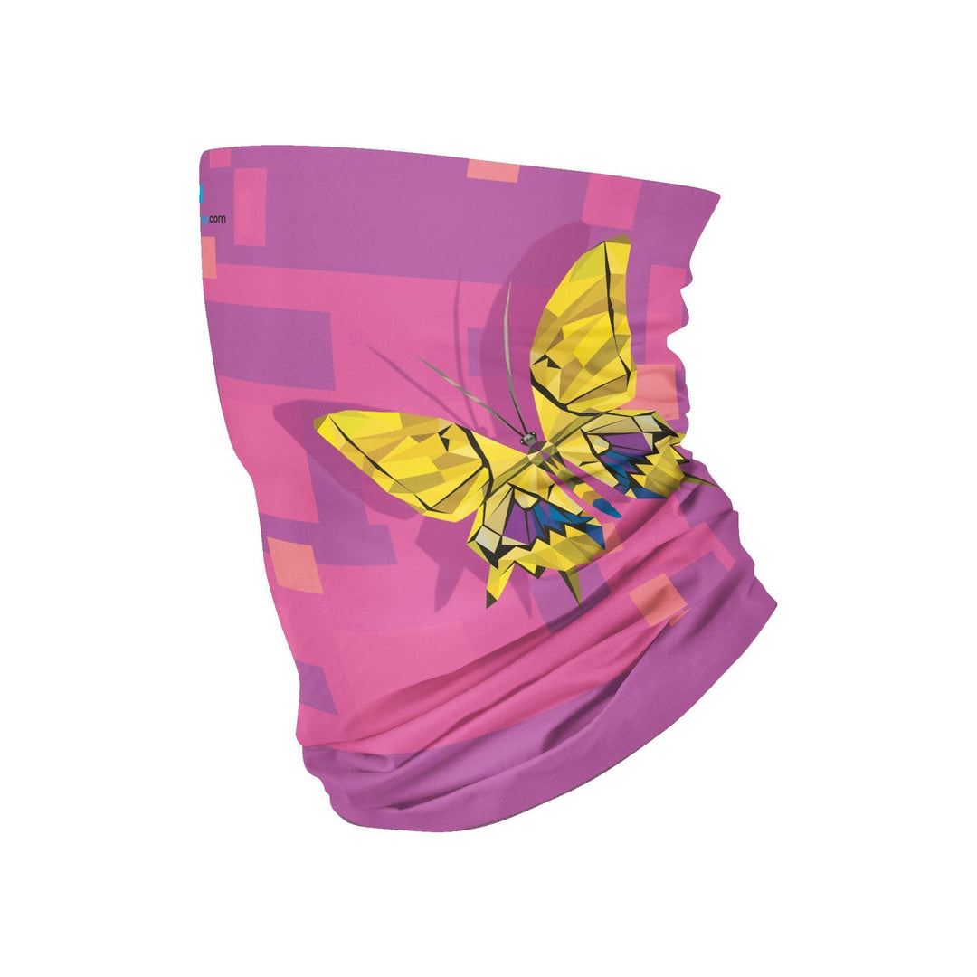 A pink and purple multifunctional tube with a geometric yellow butterfly design.