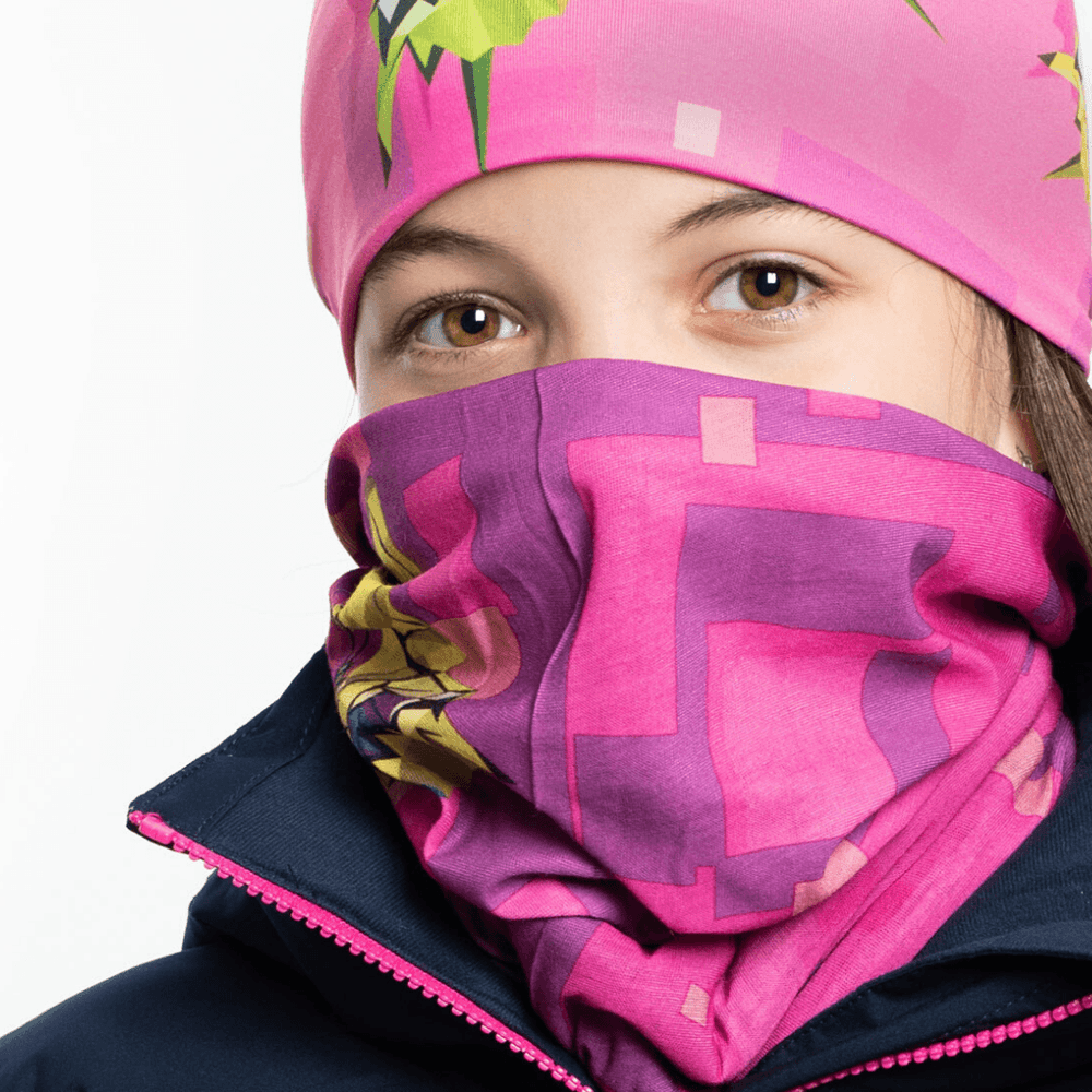 A person wearing the pink and purple butterfly patterned neck gaiter as a face cover.
