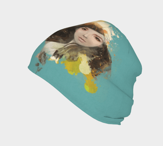 Teal beanie with abstract portrait art by Élise Charette in profile view