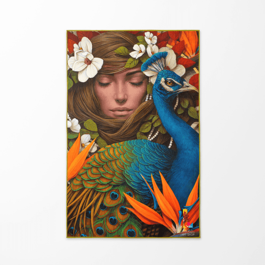 A flat lay of the Chrysalide reversible beach towel with the artistic peacock design facing up.