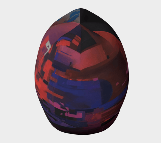 The top of the City Beanie, displaying its rounded shape and the intricate, colorful abstract design.