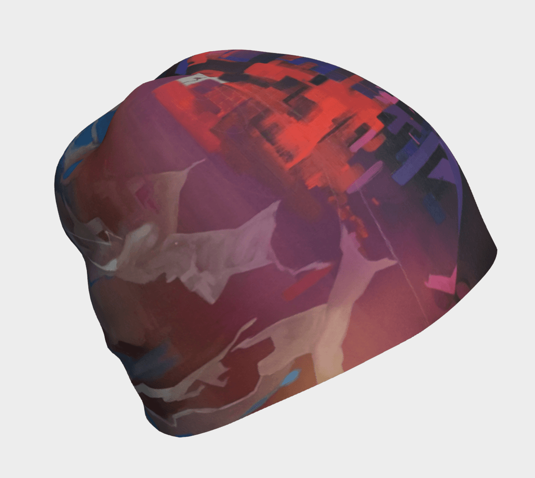 A different angle of the City Beanie, highlighting the abstract artwork with bold strokes of red, purple, and blue.