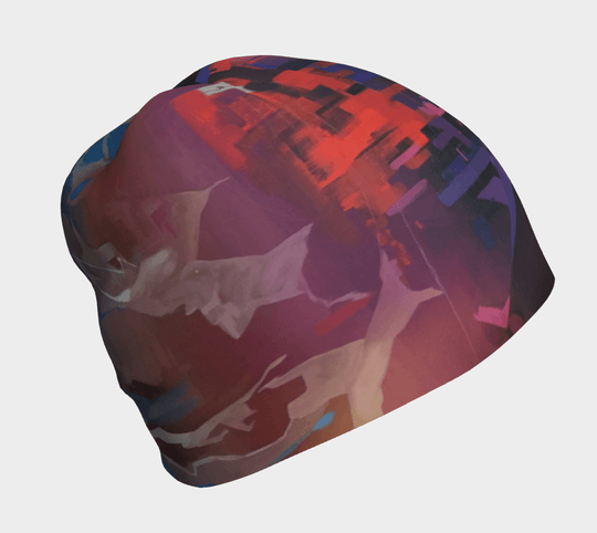 A different angle of the City Beanie, highlighting the abstract artwork with bold strokes of red, purple, and blue.