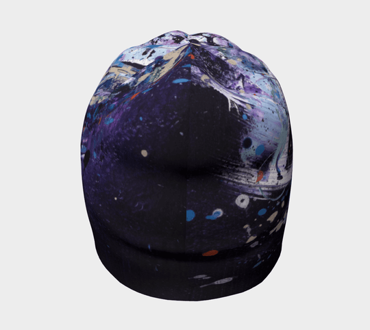 Rear view of the Cosmic Beanie, highlighting its unique artistic print.
