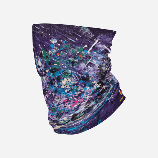 Purple and blue abstract art pattern on a multifunctional neck tube.